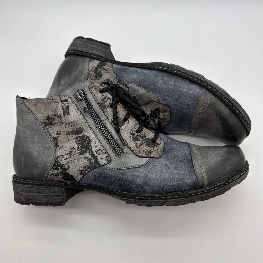 Remonte Chandra Boots Womens US 10/ EU 41 Gray Leather Lace Up Zip Ankle Booties